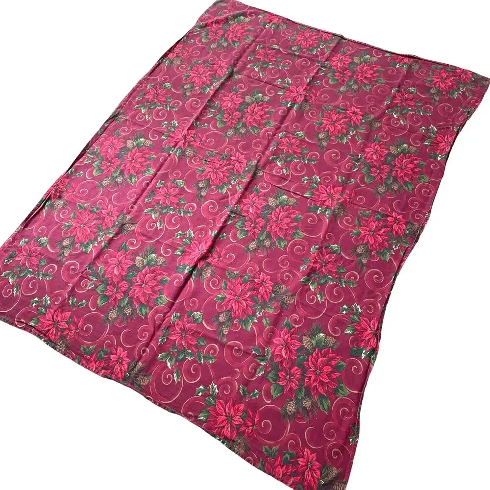 Christmas tablecloth thick cotton blend poinsettias red green gold vintage 1980s